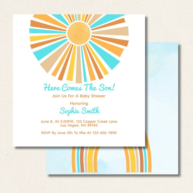 Retro Boho Sunshine, Here Comes The Son, Rainbow Invitation (Creator Uploaded)