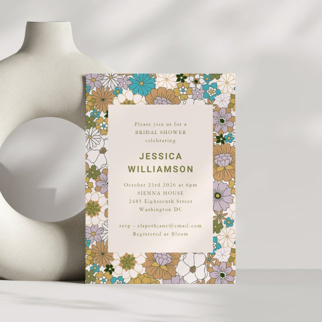 Retro Boho Teal Brown Floral Cute Bridal Shower Invitation (Creator Uploaded)