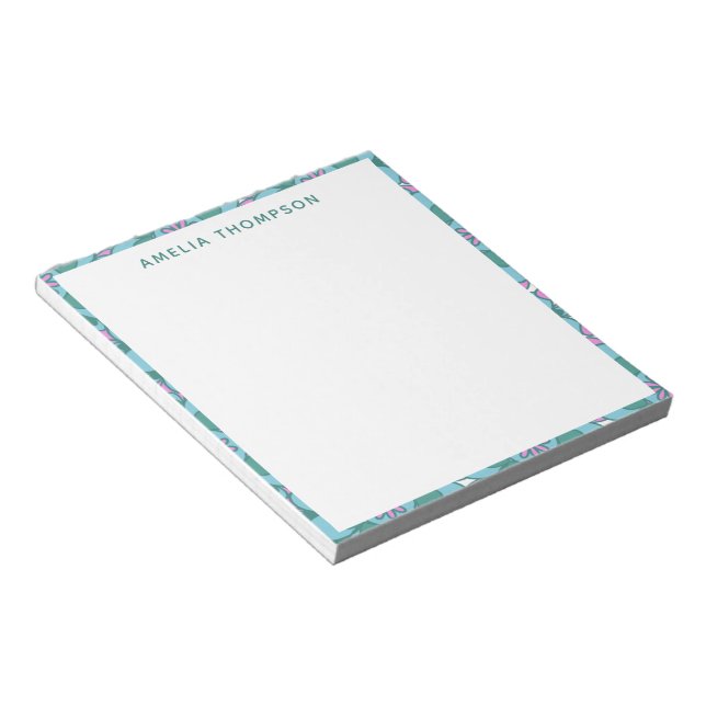 Retro Boho Teal Floral Motif Pattern Personalised Notepad (Angled)