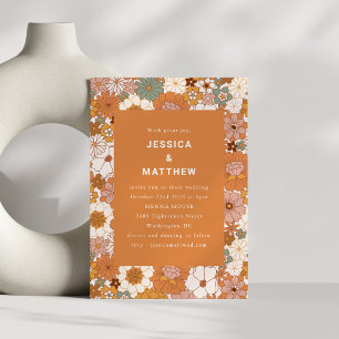 Retro Boho Terracotta Floral All In One Wedding Invitation