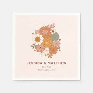 Retro Boho Terracotta Floral Custom Name Wedding  Napkin