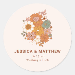 Retro Boho Terracotta Floral Custom Names Wedding  Classic Round Sticker
