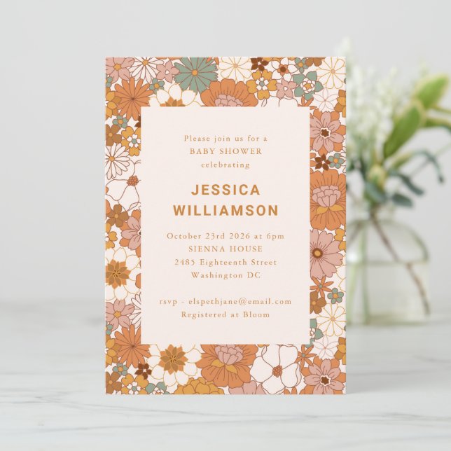 Retro Boho Terracotta Floral Cute Baby Shower Invitation (Standing Front)