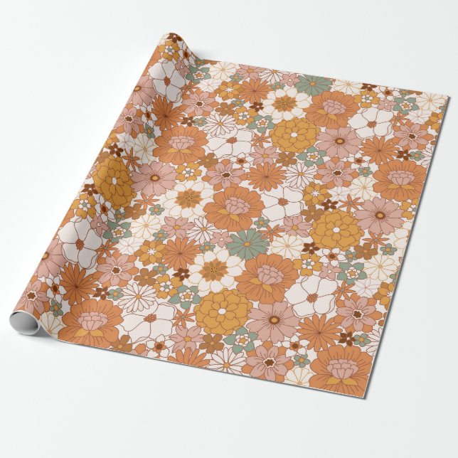 Retro Boho Terracotta Floral Flowers Bohemian Wrapping Paper (Unrolled)