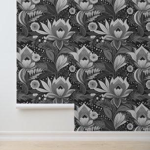 Retro Boho Vintage Floral Grayscale Large Wallpaper