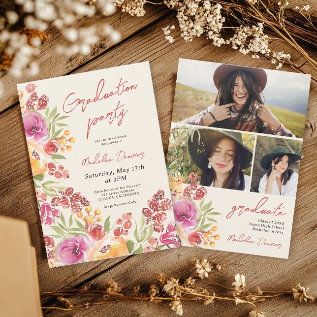 Retro Boho Watercolor Floral 3 photos Graduation Invitation (Retro Boho Watercolor Floral 3 photos Graduation Invitation)