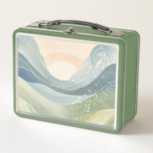 Retro Boho Watercolor Mountain View Metal Lunch Box