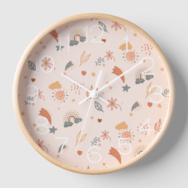 Retro Boho Watercolor Rainbow Neutral Clock (Front)