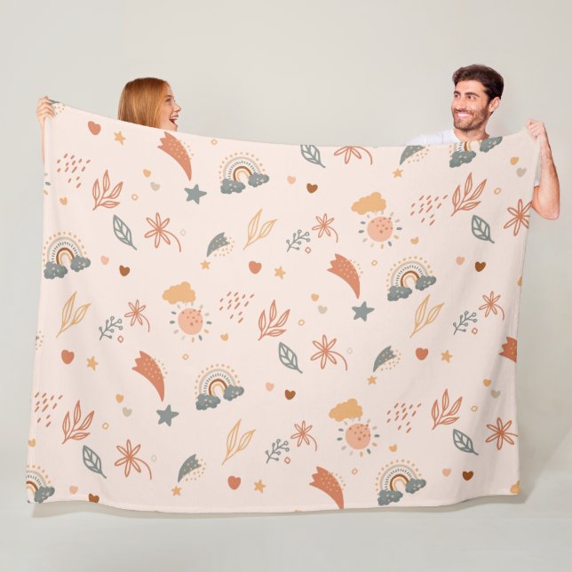 Retro Boho Watercolor Rainbow Neutral Fleece Blanket (In Situ)