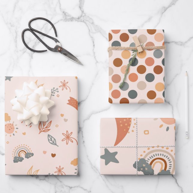 Retro Boho Watercolor Rainbow Neutral Wrapping Paper Sheet (Front)