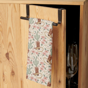 Retro Boho Western Cactus & Floral Cowboy Boot Tea Towel