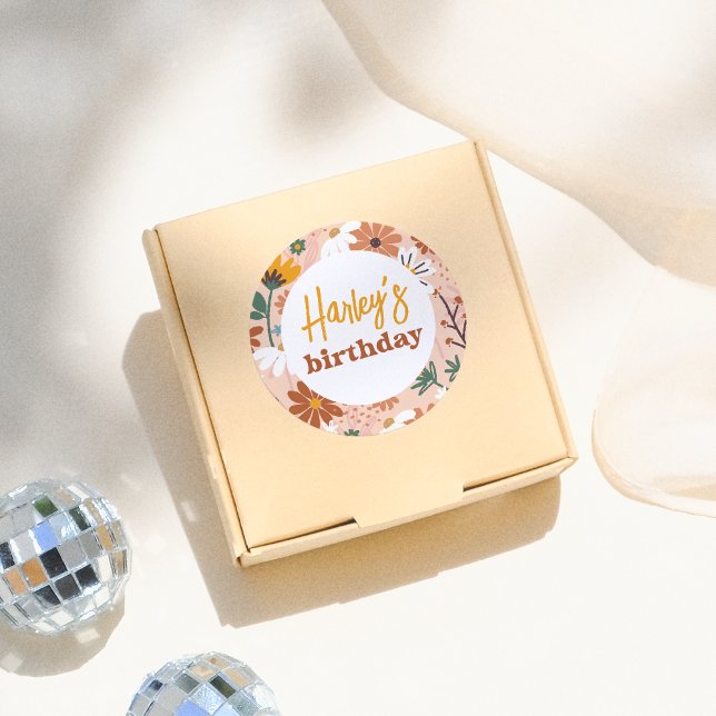 Retro Boho Wildflower Girl Birthday Party Classic Round Sticker (Creator Uploaded)