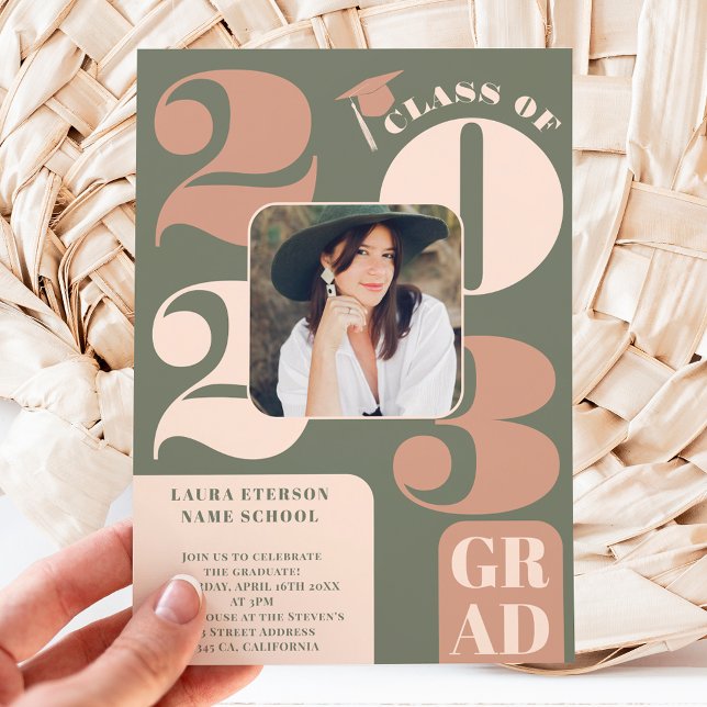 Retro bold 2023 green beige 5 photos graduation invitation (Creator Uploaded)