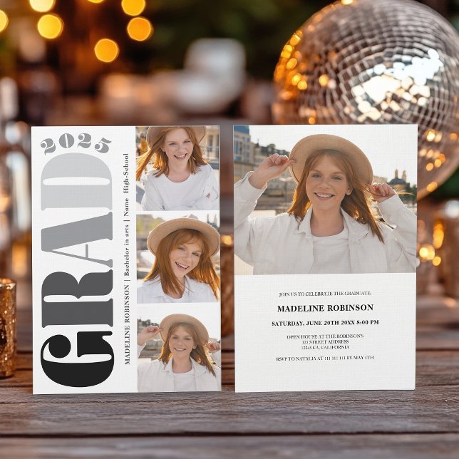 Retro Bold black 2025 Graduation Party 4 Photo Invitation (Retro Bold black 2025 Graduation Party 4 Photo Invitation)