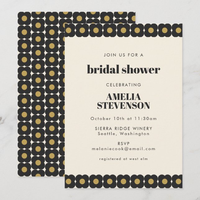 Retro Bold Black and Gold Floral Bridal Shower Invitation (Front/Back)