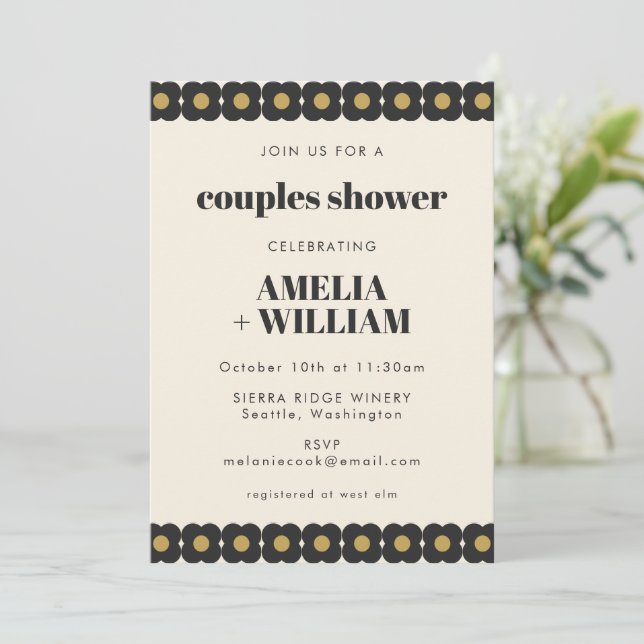 Retro Bold Black and Gold Floral Couples Shower Invitation (Standing Front)