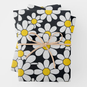 Retro Bold Black and White Daisy Floral Wrapping P Paper Sheet