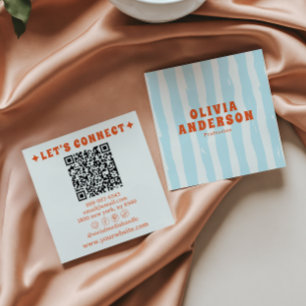 Retro Bold Blue 70s Boho Groovy Trendy QR Code Square Business Card