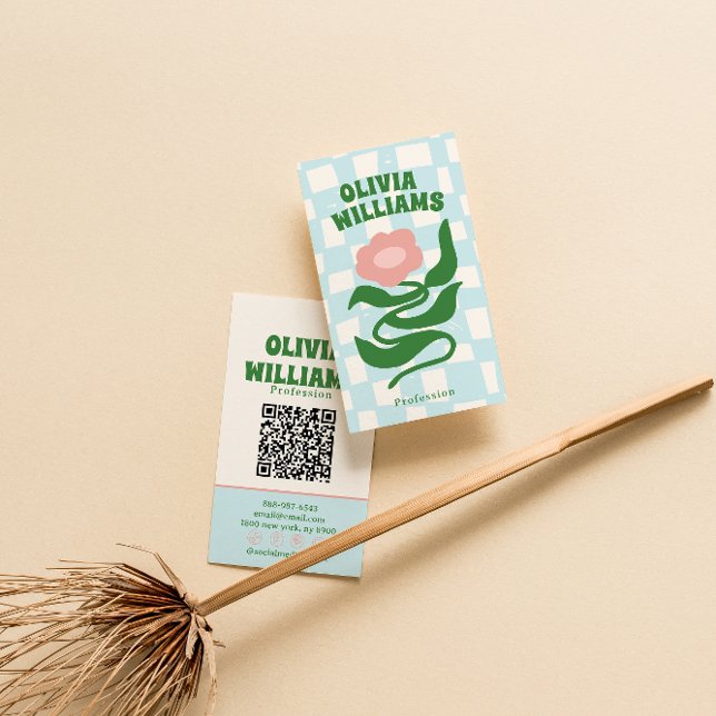 Retro Bold Boho QR Code Groovy Checkered Floral  Business Card (Creator Uploaded)