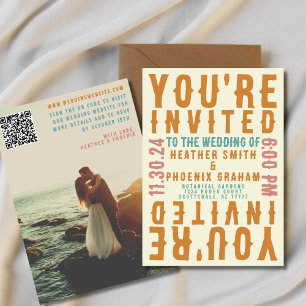 Retro Bold Bright Photo and QR code Wedding Invitation