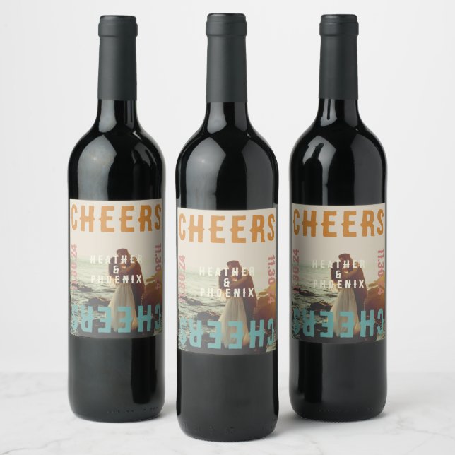 Retro Bold Bright Typography Photo Wedding Wine Label (Bottles)