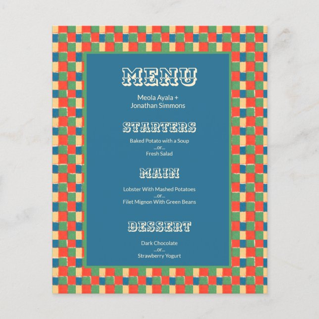 Retro Bold Colour Checkers Patterns Wedding Menu (Front)