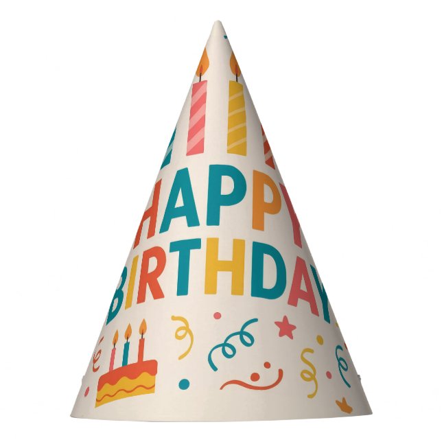 ​Retro Bold Colourful Happy Birthday Party Hat (Front)