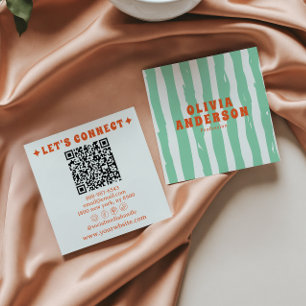 Retro Bold Green Boho Groovy Trendy Unique QR Code Square Business Card
