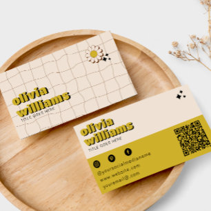 Retro Bold Green Flower QR Code Boho Groovy  Business Card