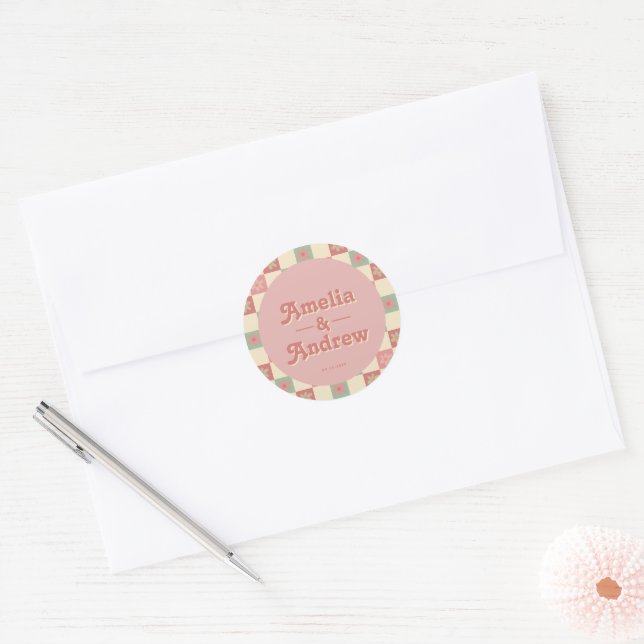 Retro Bold Groovy Coral Pink 1970s Wedding Classic Round Sticker (Envelope)