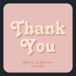 Retro Bold Groovy Coral Pink 1970s Wedding Favour Square Sticker<br><div class="desc">This bold coral pink wedding favour sticker design embraces a retro 70s theme, with ‘thank you’ in groovy lettering. There is also space to add the couples’ names and the date of the wedding. Perfect for couples who love vintage charm with a modern twist, and ideal for retro-inspired, boho, or...</div>