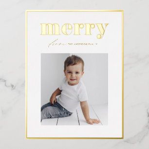 Retro Bold Merry Typography Family Photo Christmas Foil Holiday Postcard