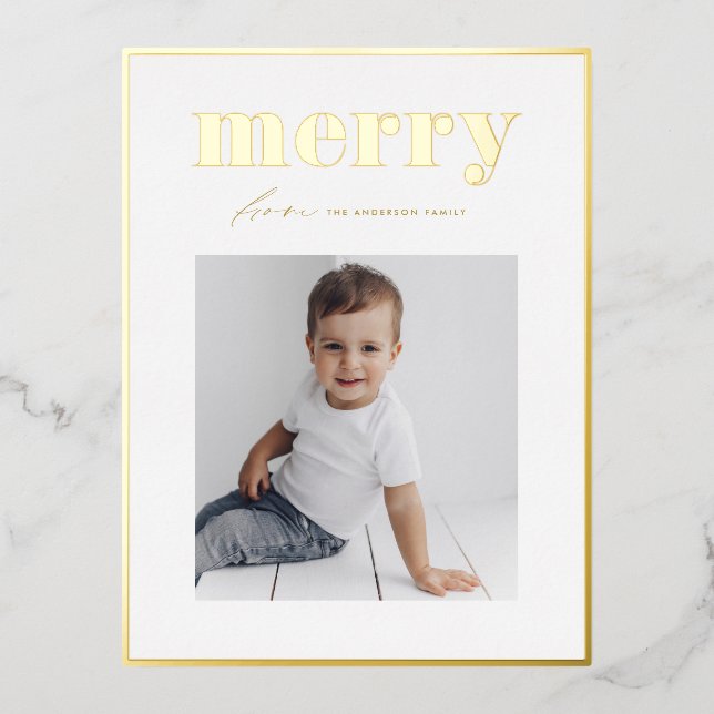 Retro Bold Merry Typography Family Photo Christmas Foil Holiday Postcard (Front)