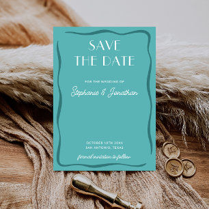 Retro Bold Mid Century Modern Teal Blue Wedding Save The Date