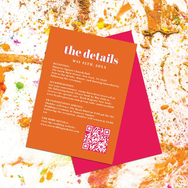 Retro Bold Neon Orange Pink Wedding QR Details Enclosure Card (Creator Uploaded)
