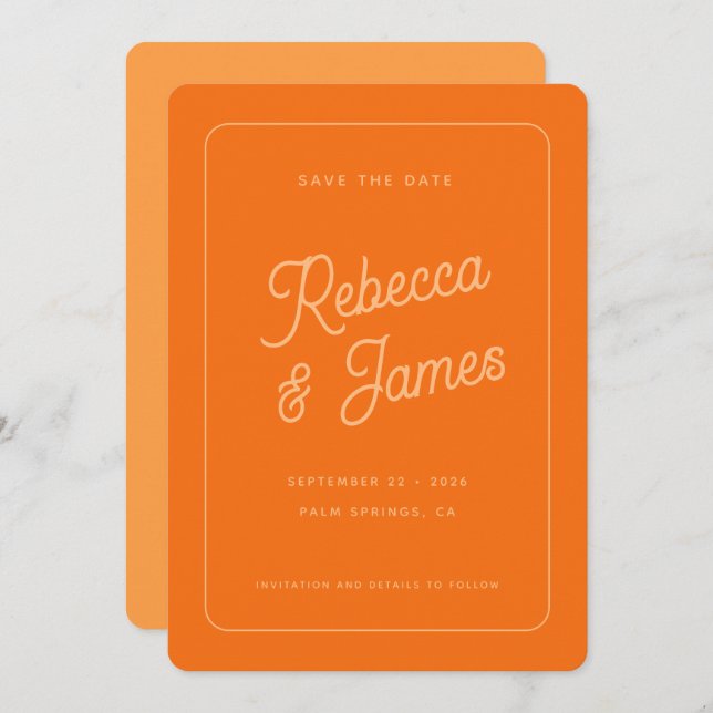 Retro Bold Orange Typography Frame Wedding Save The Date (Front/Back)