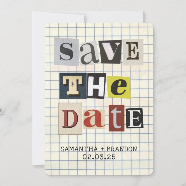 Retro Bold Paper Collage Letter Qr Code  Save The Date (Front)