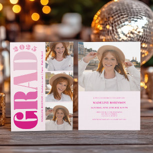 Retro Bold Pink 2025 Graduation Party 4 Photo Invitation