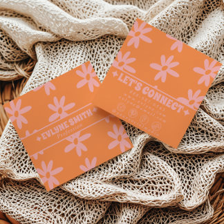 Retro Bold Pink Orange Groovy Floral Girly Funky Square Business Card