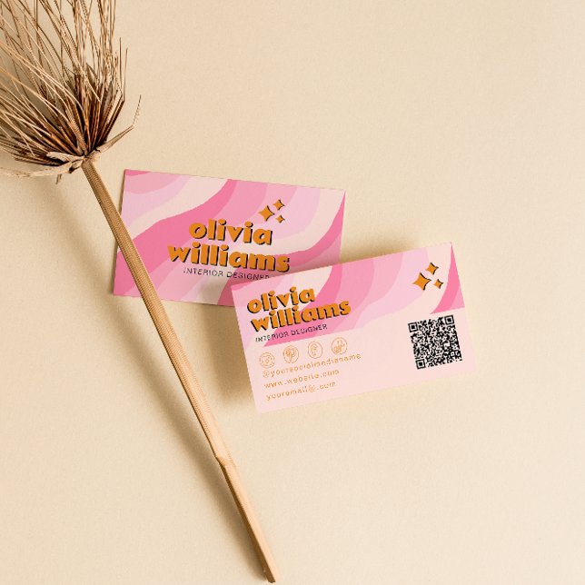 Retro Bold Pink Orange QR Code Groovy Girly Unique Business Card (Creator Uploaded)