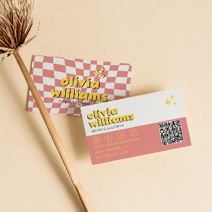 Retro Bold QR Code 70s Groovy Checkered Trendy Business Card