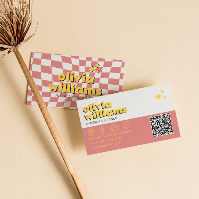 Retro Bold QR Code 70s Groovy Checkered Trendy Business Card (Creator Uploaded)