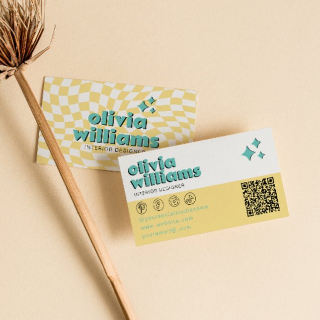 Retro Bold QR  Code Boho Groovy Checkered Unique Business Card (Creator Uploaded)