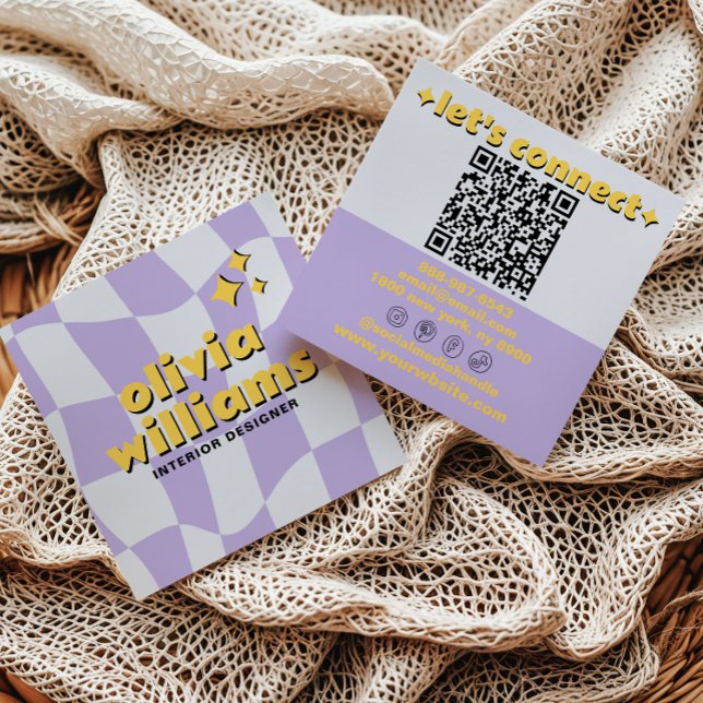 Retro Bold QR Code Groovy Checkered Boho Funky Square Business Card (Creator Uploaded)