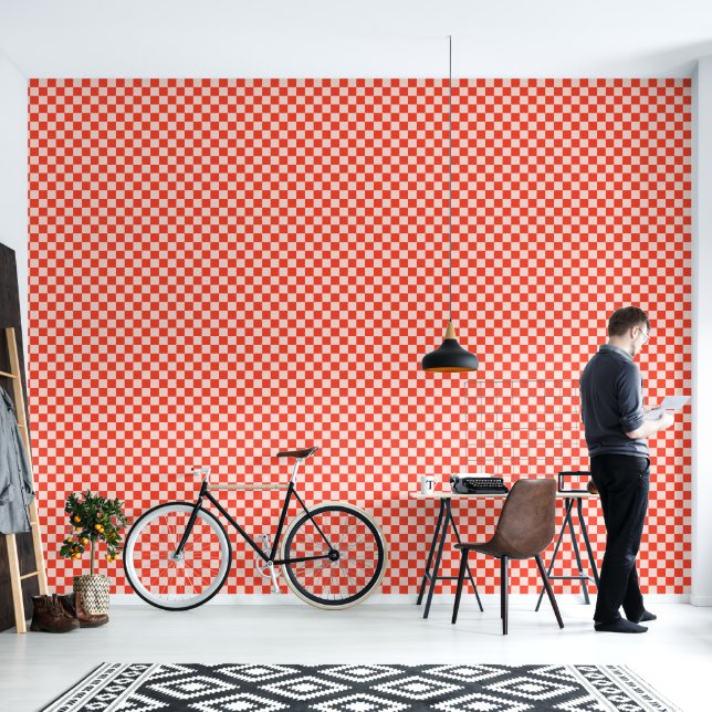Retro Bold Red and White Geometric Chequerboard Wallpaper (Living Room)