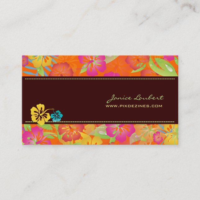 RETRO BOLD TROPICAL FLOWERS, HIBISCUS BUSINESS CARD (Front)