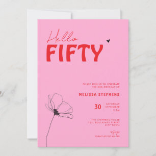 Retro Bold Typo Pink Red Simple 50th Birthday Invitation