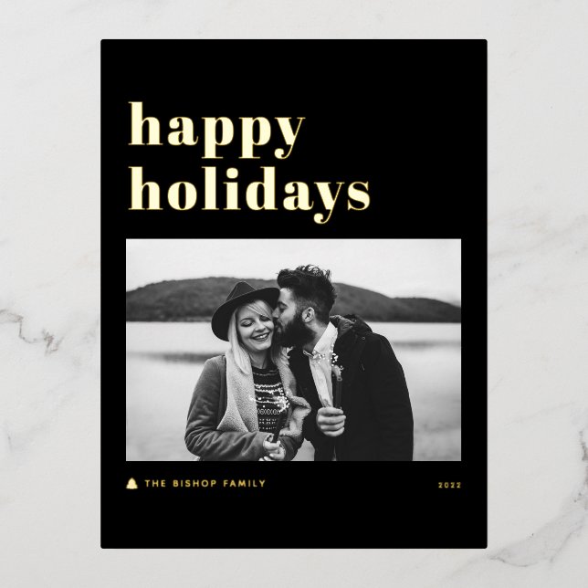 Retro Bold Typography Black Happy Holidays Photo Foil Holiday Postcard (Front)
