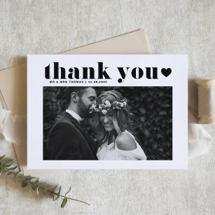 Retro Bold Typography Black Heart Photo Wedding Thank You Card