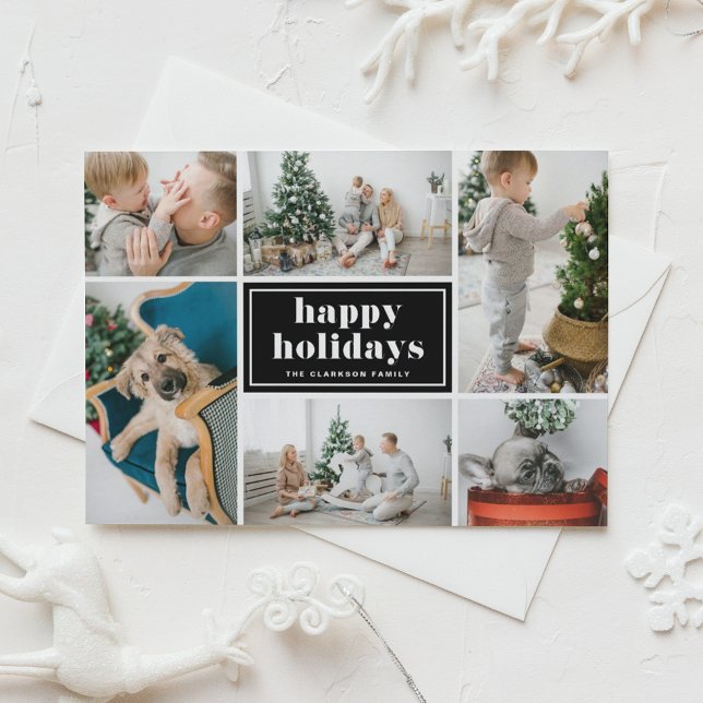 Retro Bold Typography Black Photo Collage Holiday Card (Customizable photo collage happy holidays card featuring retro typography and a black background.)